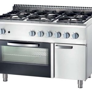 Cocina a gas con horno horno eléctrico convección GN1/1 6 fuegos 1200x700x850h mm 3,5+2x5+2x7+9 Kw Línea Varsovia